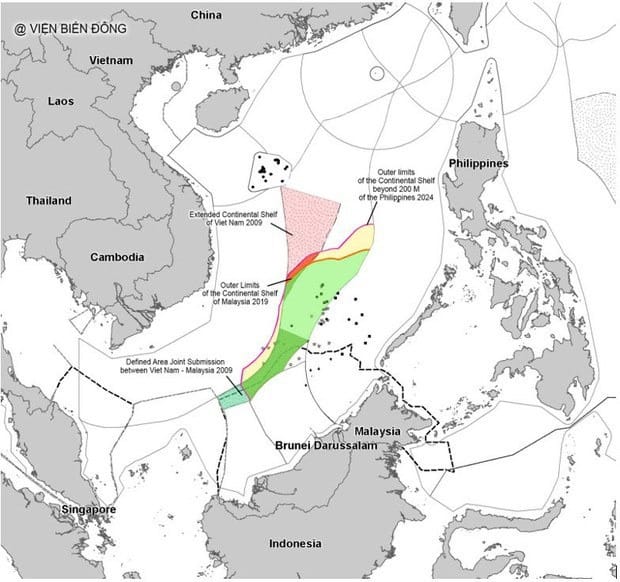 Bản đồ các đường yêu sách thềm lục địa mở rộng tại Biển Đông. (Ảnh: dav.edu.vn)